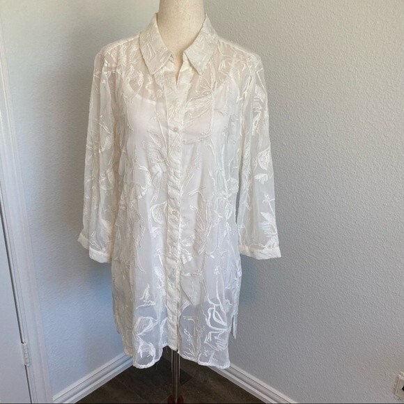 DANA BUCHMAN Embroidered Ivory Lightweight Two Piece Vintage Blouse Size M - Picture 4 of 15